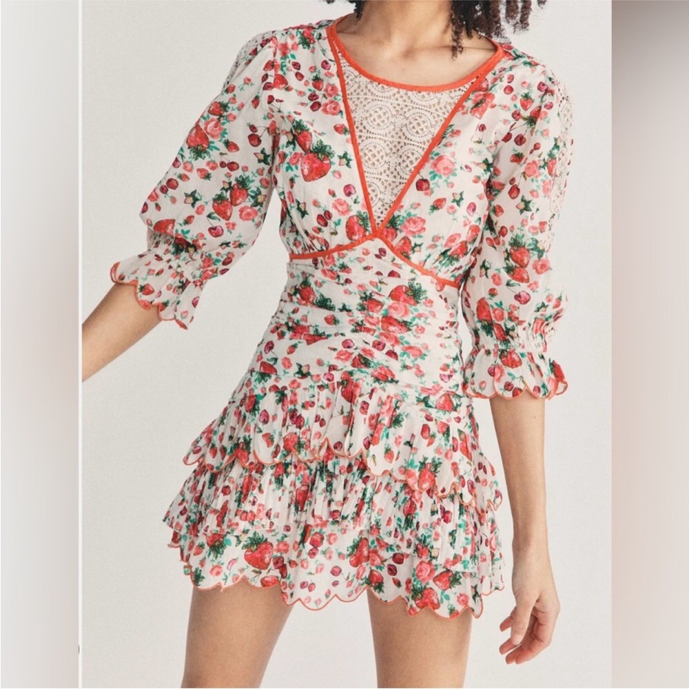 LoveShackFancy Marquise Floral Mini Dress with Orange Trim